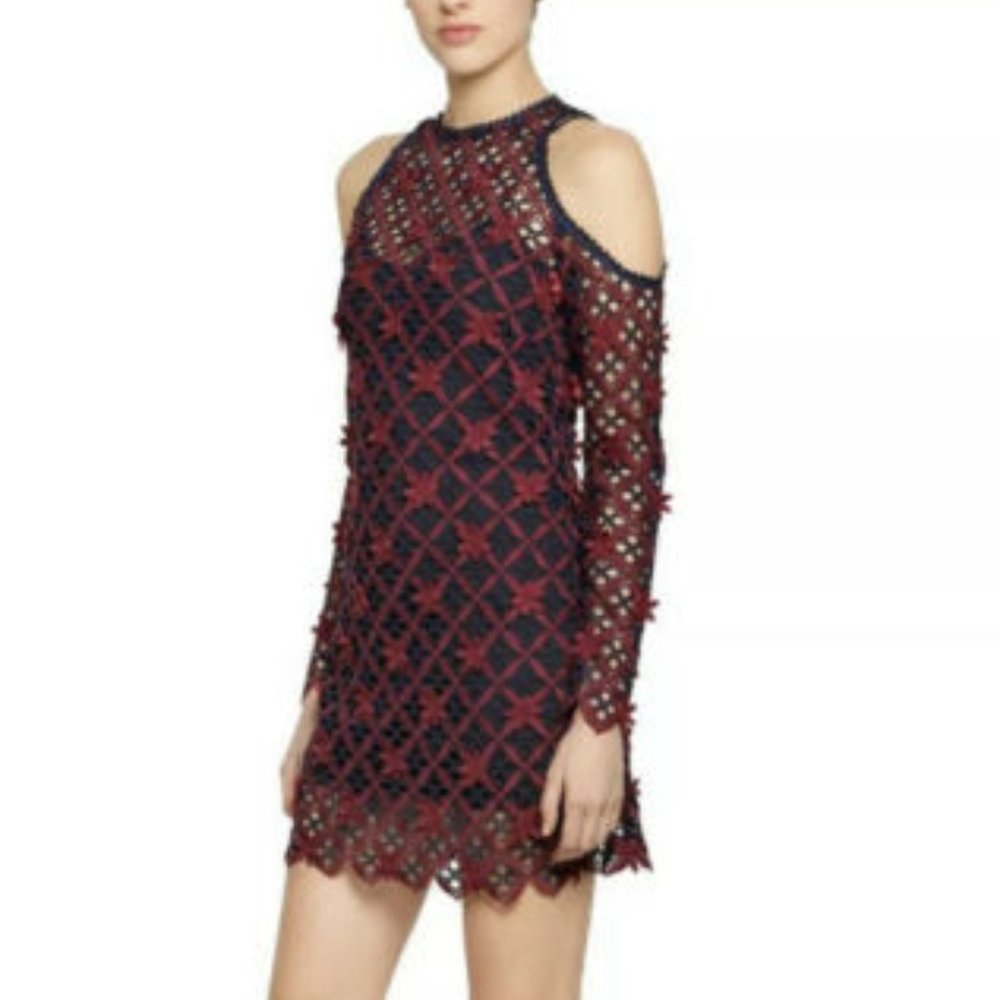 Self Portrait Red Floral Grid Lace Cold Shoulder 6